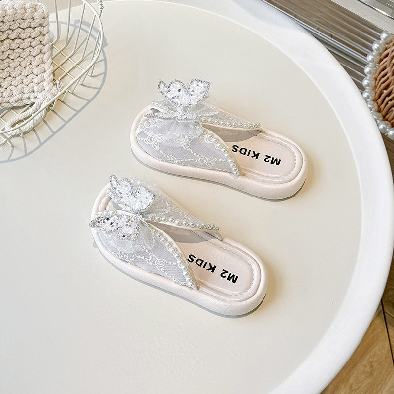 Kids Girls Casual Cute Rhinestone Pearl Bow Flat Thick-Soled Slippers