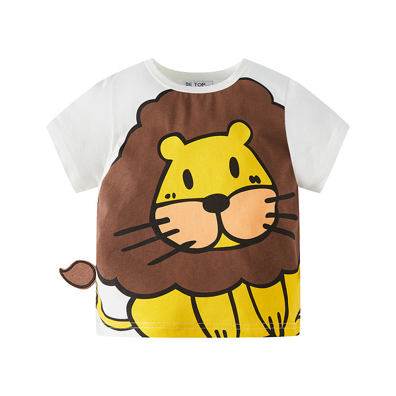 Kids Toddler Boys Casual Cute Cartoon Lion Print Short Sleeve Round Neck T-Shirt