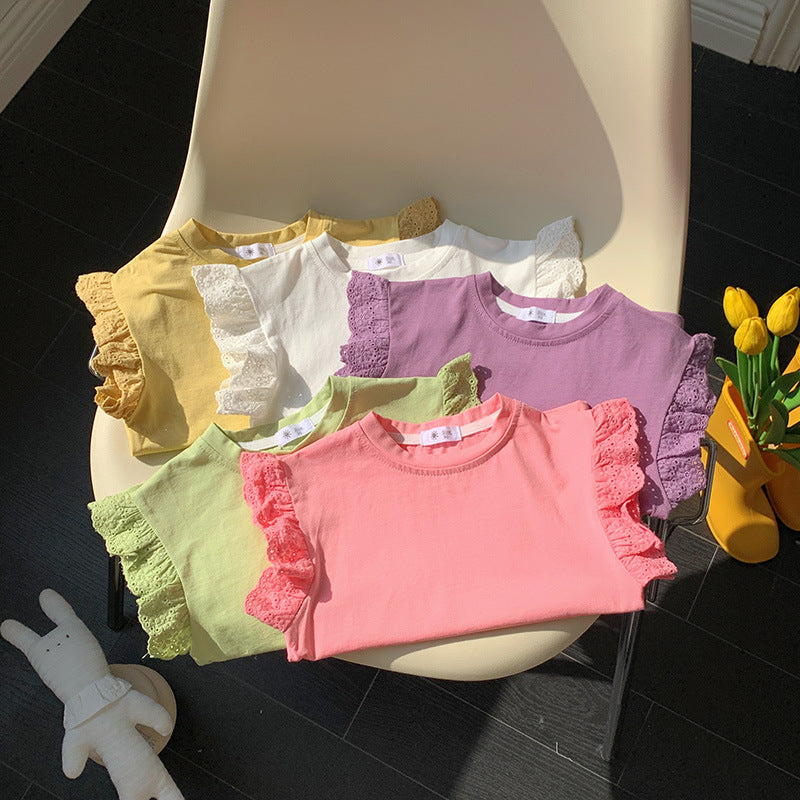 Kids Toddler Girls Casual Cute Solid Color Lace Cap Sleeve Round Neck T-Shirt