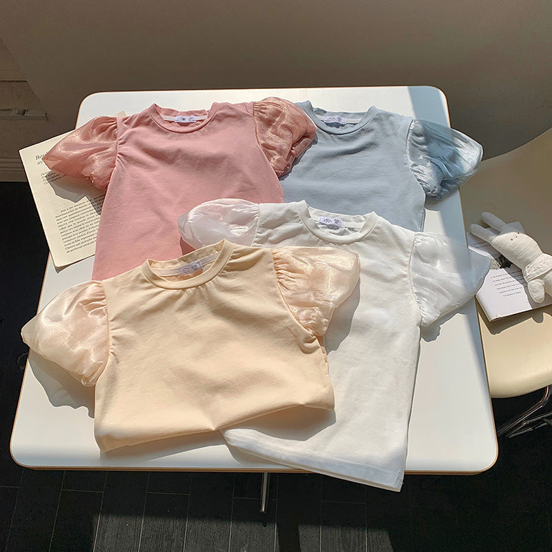 Kids Toddler Girls Casual Cute Solid Color Puff Sleeve Round Neck T-Shirt