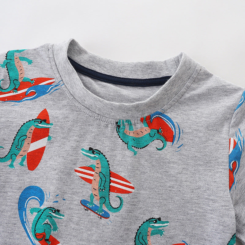 Boys Fashion Beach Style Cartoon Surfer Crocodile Print Cotton T-Shirt