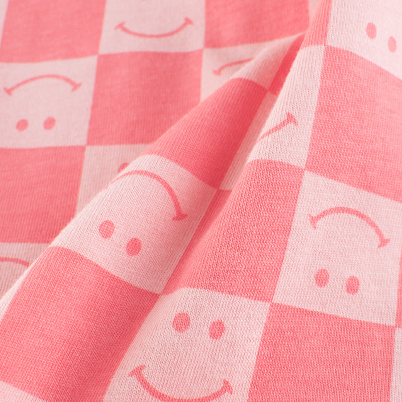 Children Kids Toddlers Fashion Girls Short Sleeve Smiley Plaid Print T-Shirt
