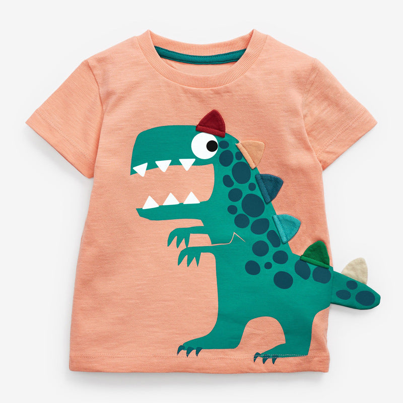 Boys Cute Cartoon Dinosaur Patteirn Round Neck Short Sleeve T-shirt