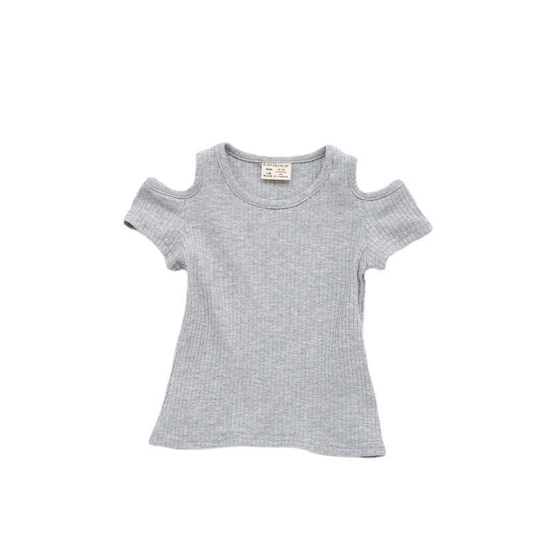 Girls Basic Solid Color Cool-shoulder Round Neck Short Sleeve T-shirt