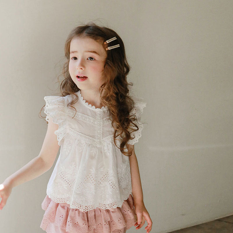 Children Kids Baby Fashion Girls Ruffle Sleeve Solid Color Hollow T-Shirt