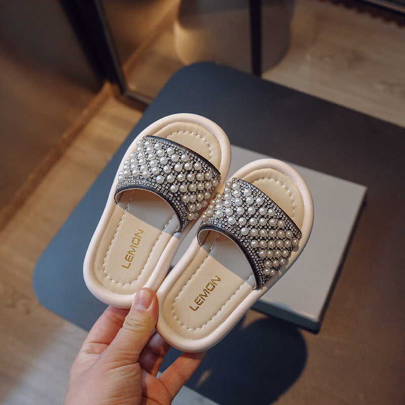 Children Kids Baby Fashion Girls Rhinestone Pearl Casual Outdoor Slippers Shoes