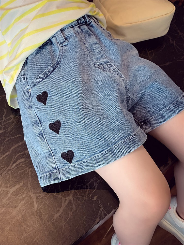Kids Girls Basic Heart Pattern Elastic Waist Denim Shorts