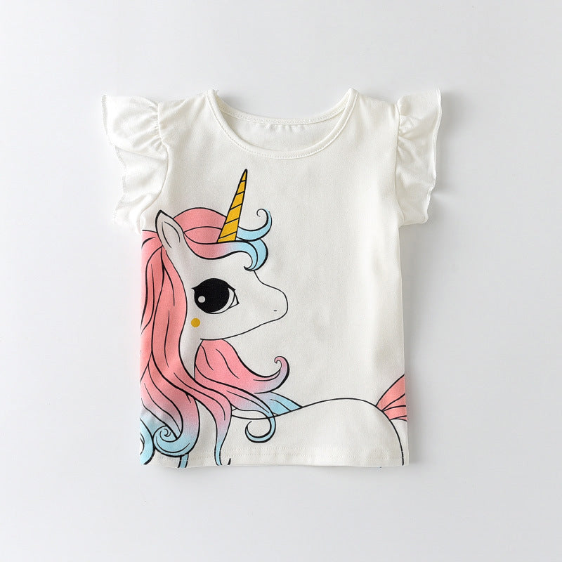 Children Kids Baby Fashion Girls Ruffle Sleeve Unicorn Print T-Shirt