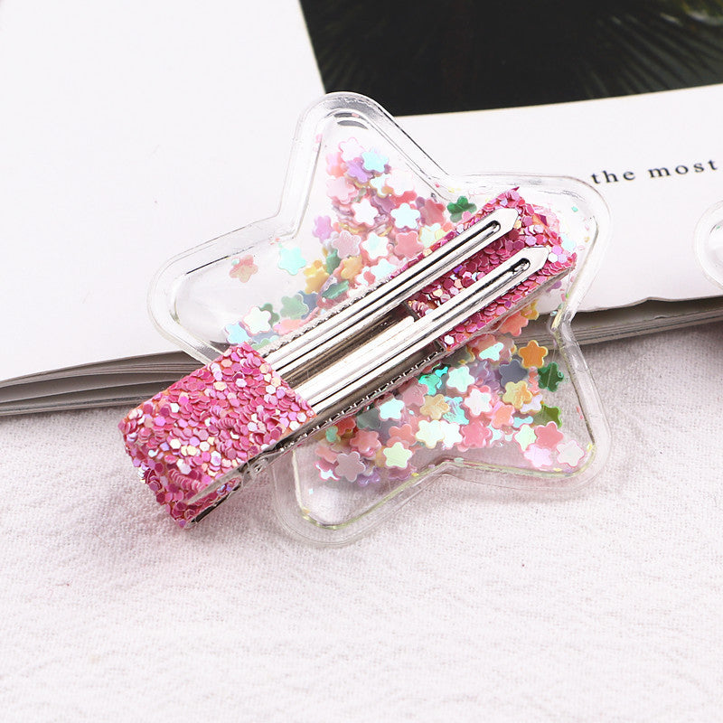 2pcs/set Girls Cute Glitter Star Quicksand Design Hairpin