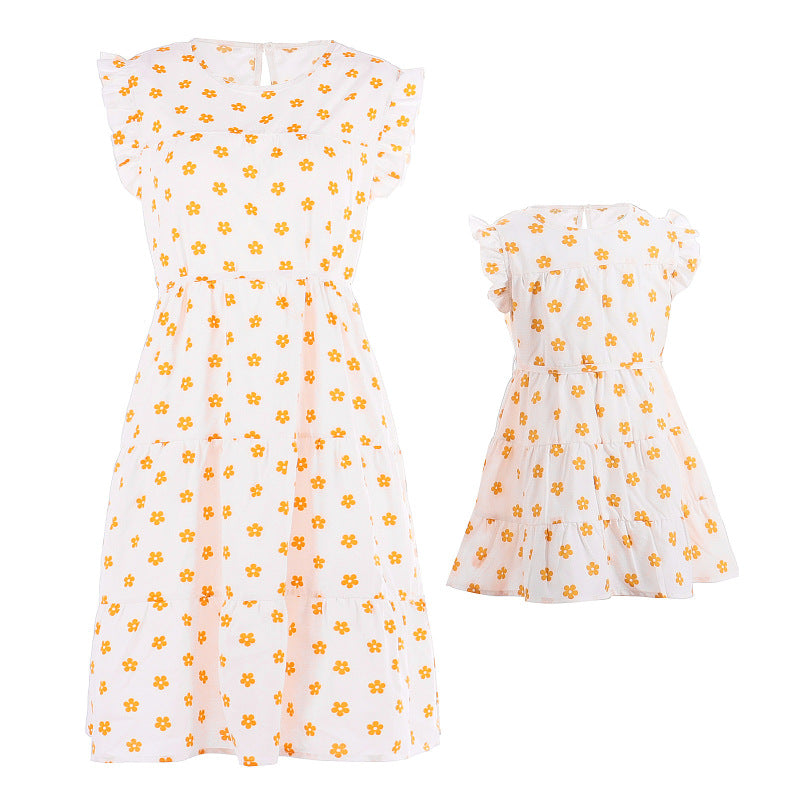 Women Fashion Vacation Ruffled Casual Floral Print Mother-Daughter Family Matching Dress