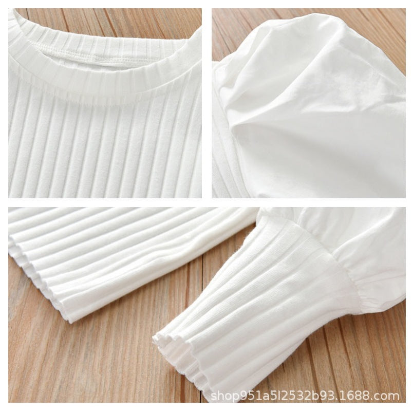 Kids Toddler Girls Fashion Casual Solid Color Rib-Knit Puff Sleeve T-Shirt
