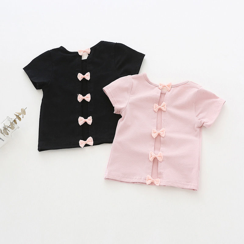 Kids Girls Cute Bow Design Round Neck Short Sleeve T-shirt