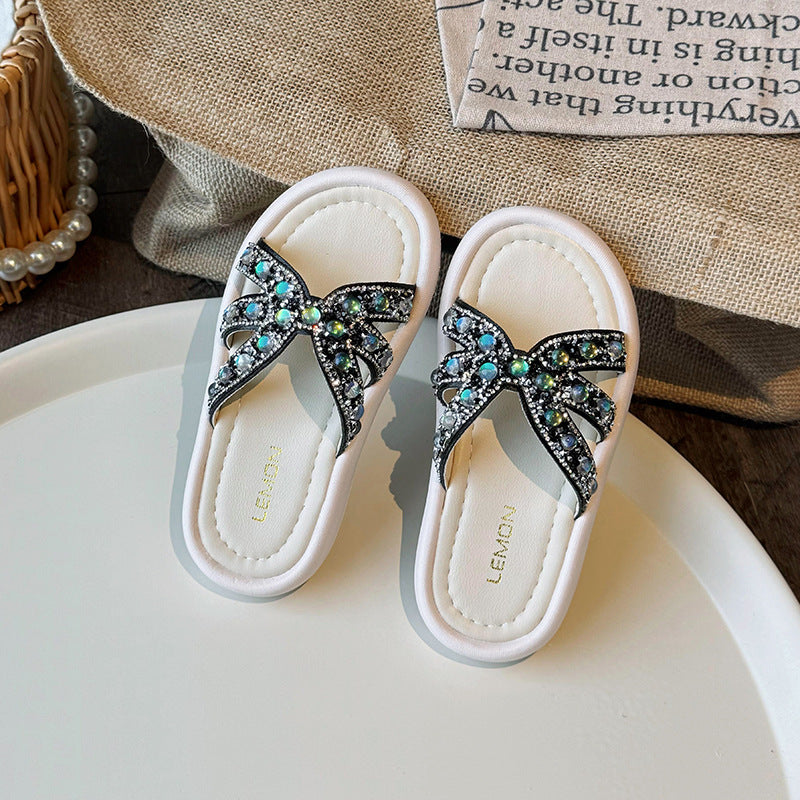 Kids Girls Casual Cute Rhinestone Flat Thick-Soled Slippers