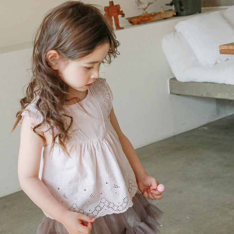 Kids Toddler Girls Casual Cute Solid Color Hollow Sleeveless Round Neck T-Shirt
