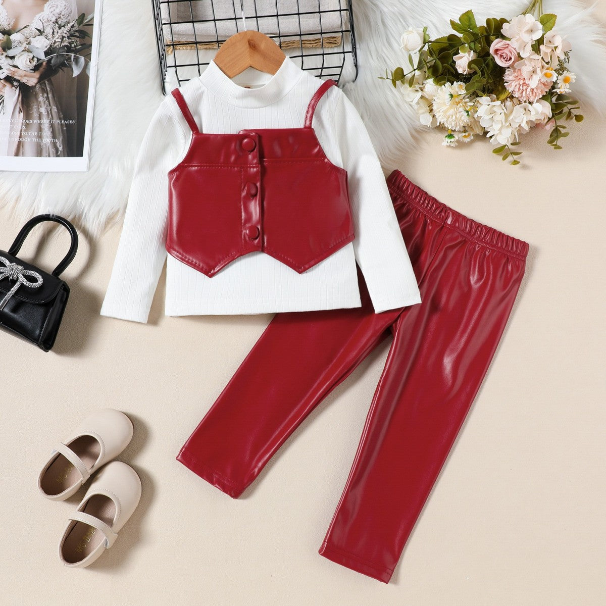 Autumn And Winter Girls Fashion Leather Trousers Three-Piece Set