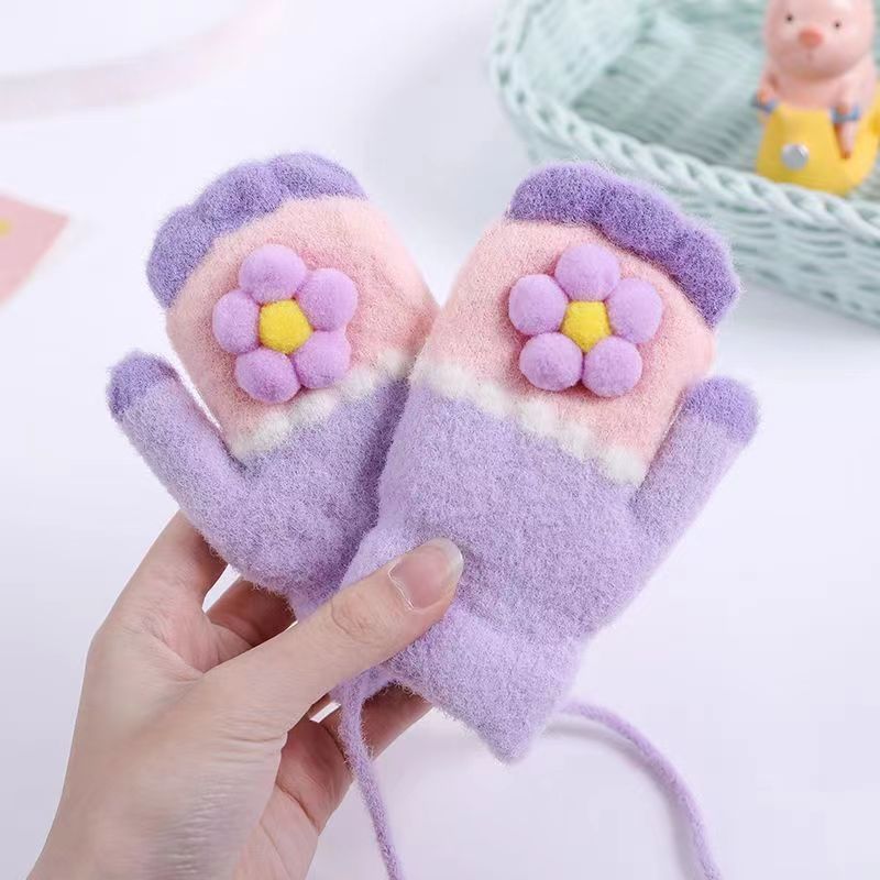 Winter Children Cartoon Color Block Stereo Floral Lanyard Warm Knitted Gloves
