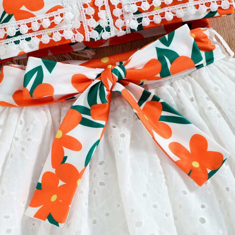 Toddlers Newborn Baby Suspenders Printed Lace Top And Hollow Lace Skirt 2pcs Set