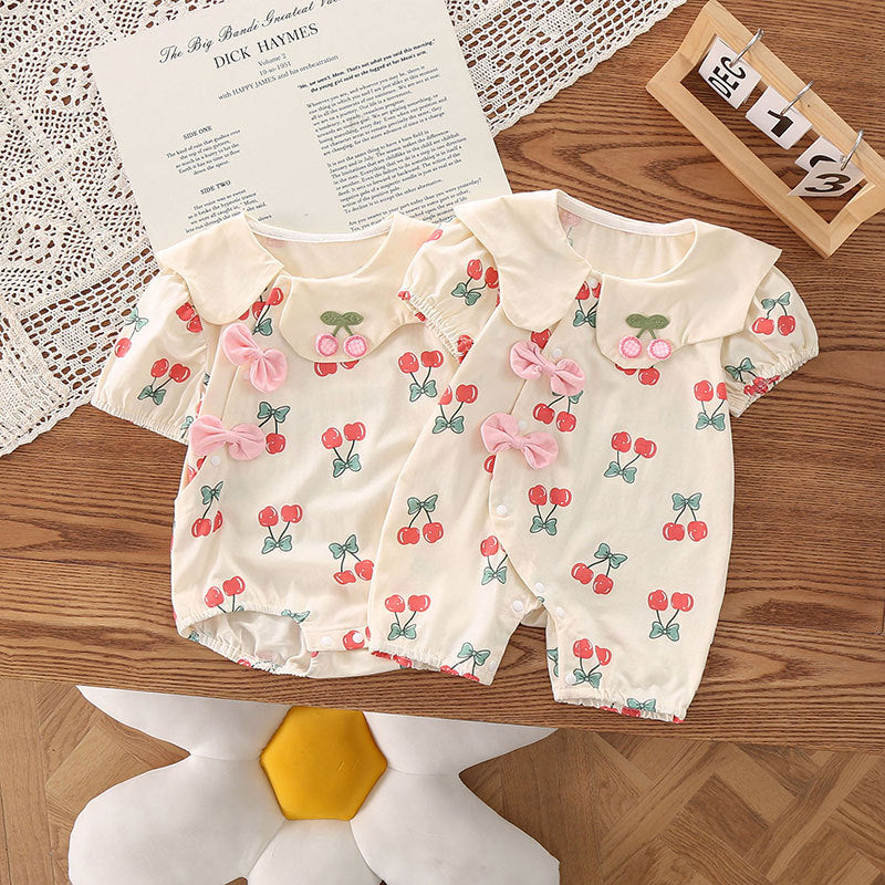 Kids Baby Girls Cute Bow Print Short Sleeve Romper
