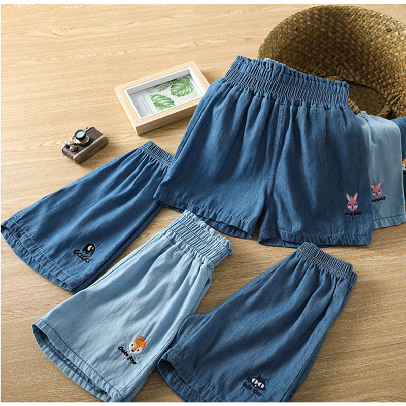 Kids Cute Cartoon Rabbit Fox Letter Embroidery Denim Casual Shorts