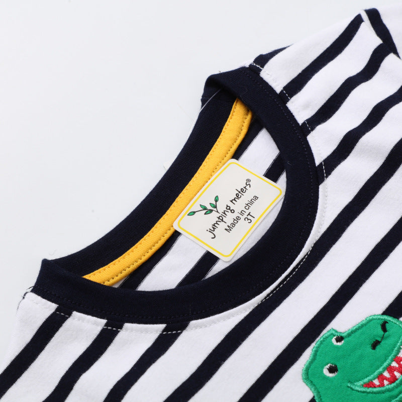 Kids Boys Cute Cartoon Dinosaur Stripe Round Neck Short Sleeve T-shirt