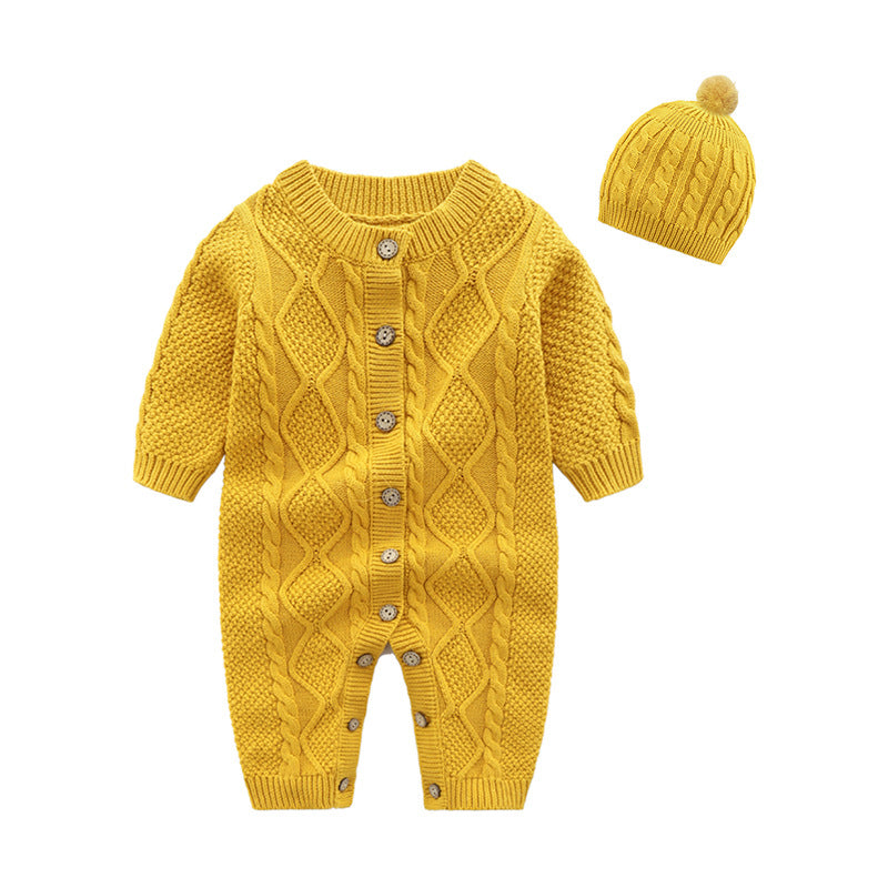 Winter Baby Simple Solid Color Single-Breasted Knitted One Piece And Hat