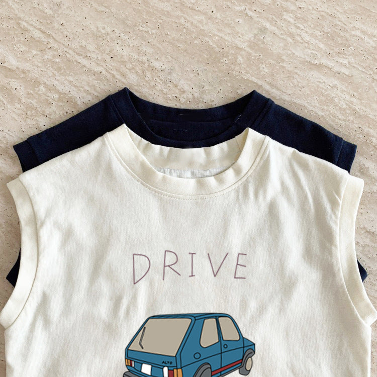 Kids Toddler Girls Boys Summer Basic Cute Pure Cotton Solid Color Cartoon Car Sleeveless Round Neck T-Shirt