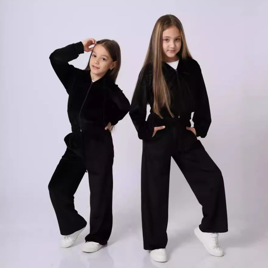 Autumn And Winter Toddler Girls Sports Velvet Zipper Hoodie Pants Casual Two-Piece Set