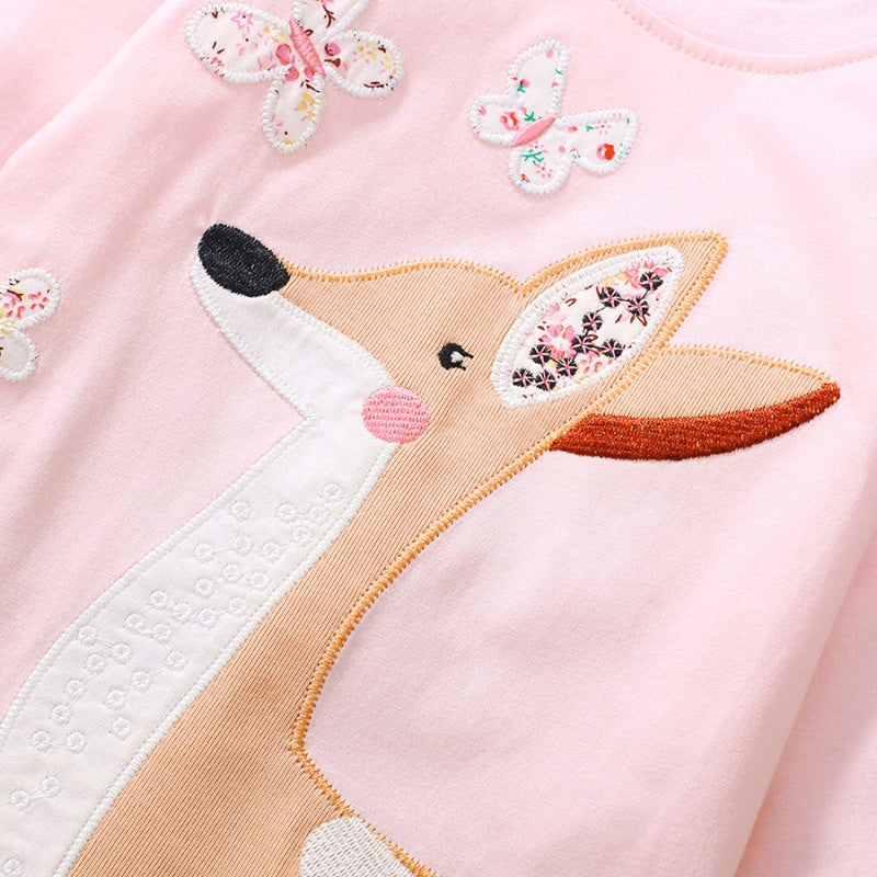Kids Toddler Big Girls Fashion Casual Cute Butterfly Fawn Embroidery Round Neck Long Sleeve T-Shirt