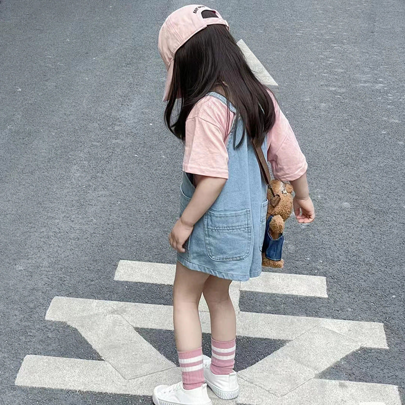 Children Kids Baby Fashion Girls Solid Color Strap Denim Shorts Romper