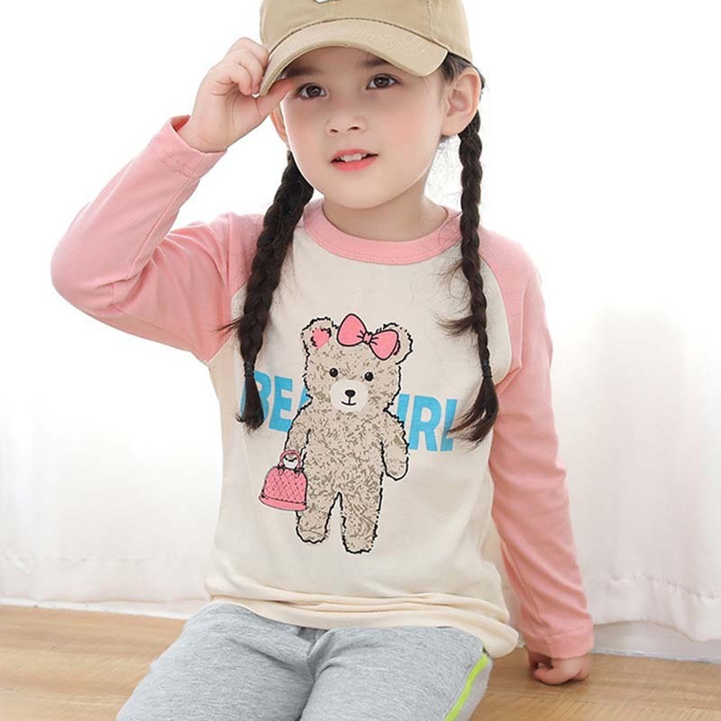 Kids Toddler Big Girls Casual Cute Cartoon Bear Letters Print Long Sleeve Round Neck T-Shirt