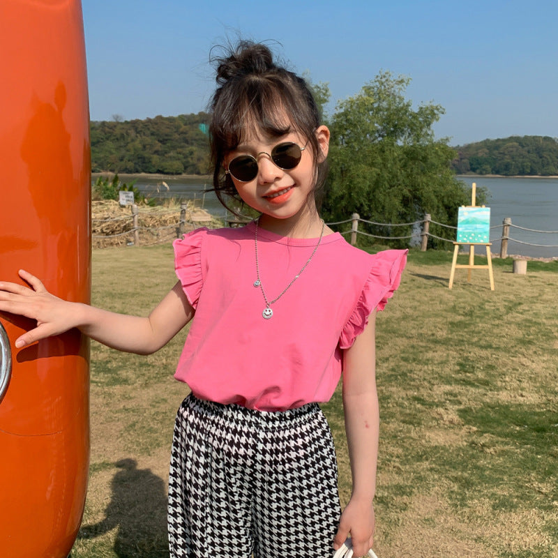 Kids Girls Simple Solid Color Stringy Selvedge Sleeveless Round Neck Loose T-shirt