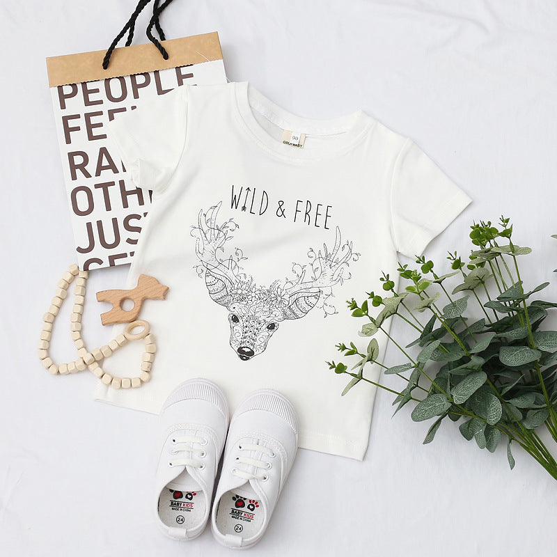 Kids Toddler Girls Fashion Simia Cartoon Deer Head Crew Neck T-Shirt Top