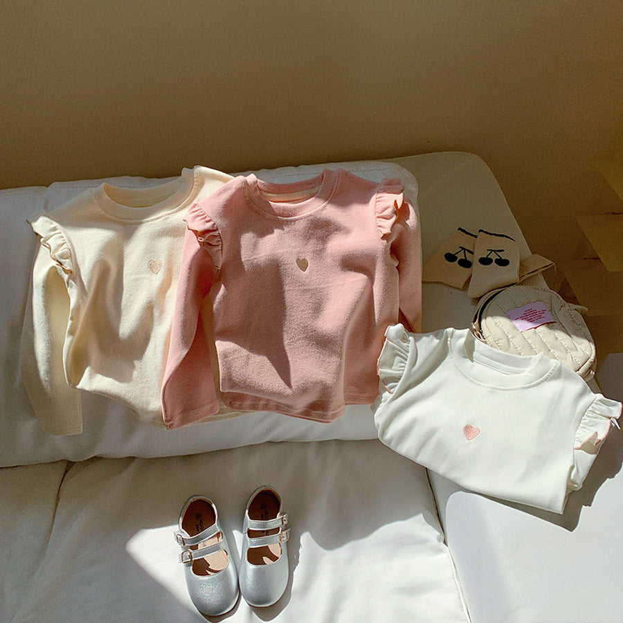 Kids Toddler Girls Heart Embroidery Long Sleeve Ruffled T-Shirt
