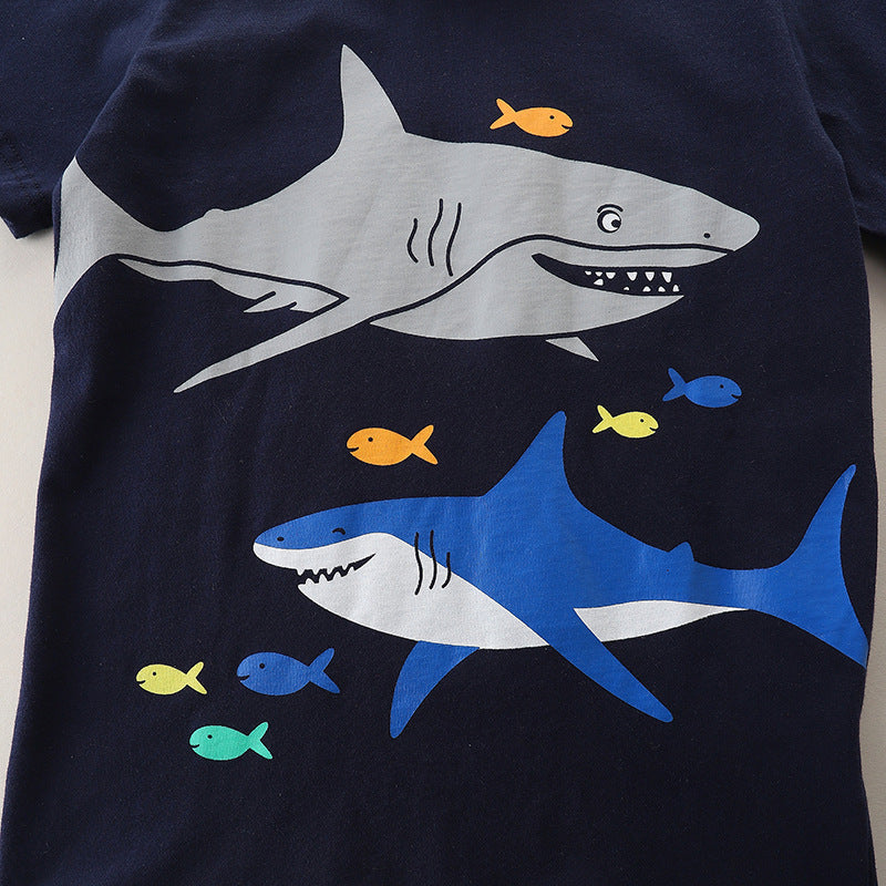 Kids Boys Casual Round Neck Short-sleeved Cartoon Animal Shark Loose T-shirt