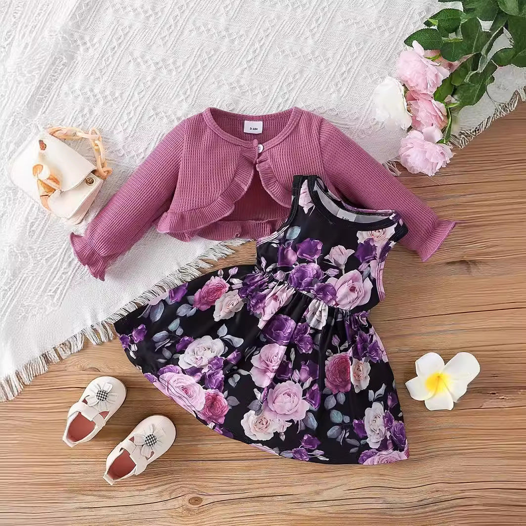 Kids Baby Girls Casual Tiny Flower Print Long Sleeve Cardigan Knitted Top Dress Sets