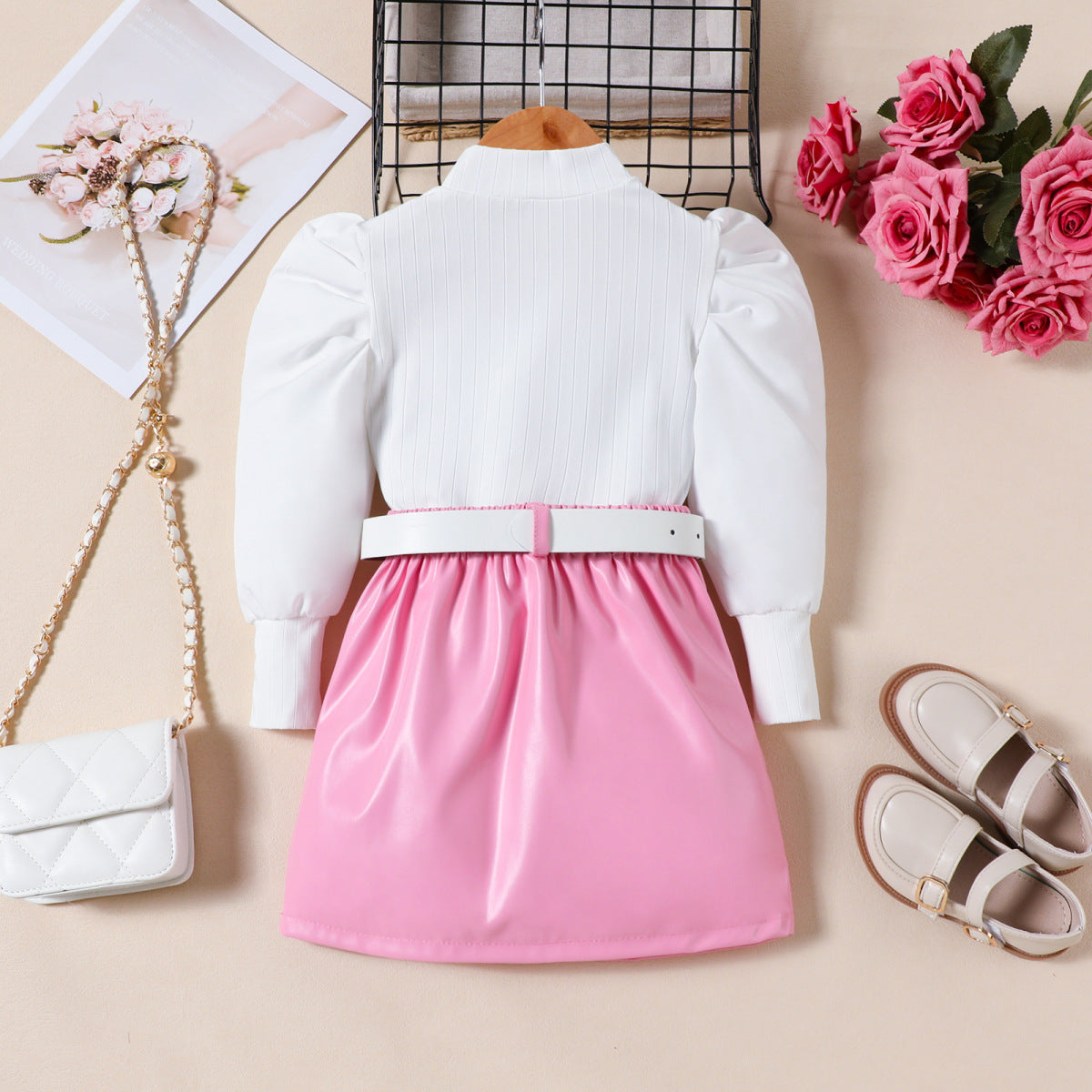 Autumn And Winter Girls Fashion Puff Sleeve Top Pu Leather Skirt Set