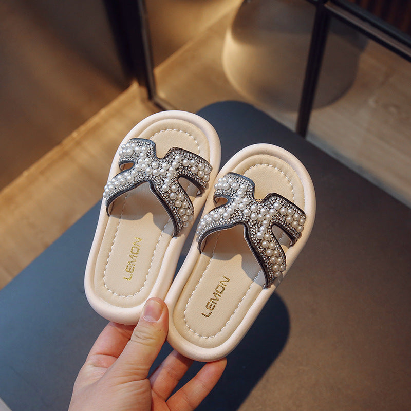 Children Kids Baby Fashion Girls Rhinestone Pearl Casual Outdoor Slippers Shoes
