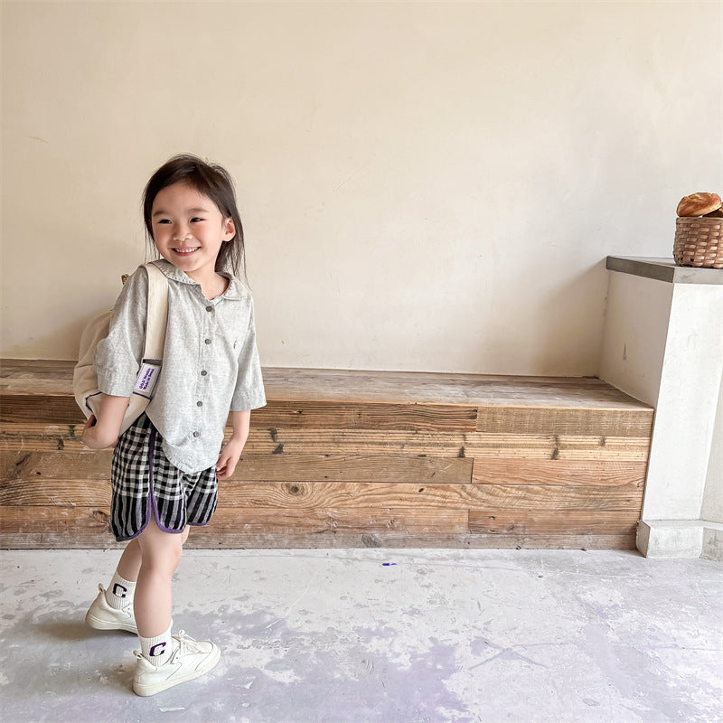 Kids Girls Casual Stripe Plaid Color Blocking Elastic Waist Loose Shorts