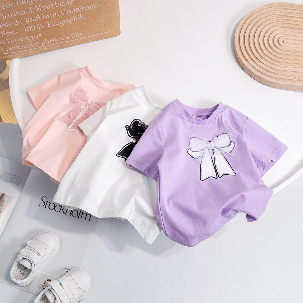 Girl'S Summer Short Sleeve Gauze Bow T-Shirt