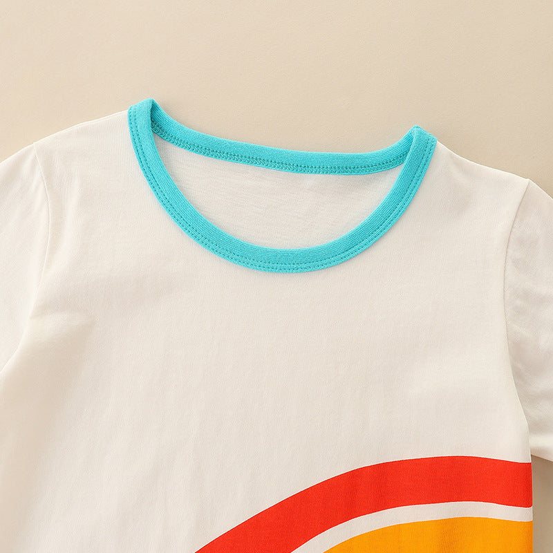 Kids Toddler Boys Girls Casual Cute Rainbow Stripe Short Sleeve Round Neck T-Shirt