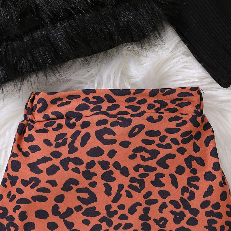 Toddlers Newborn Baby Knitted Long-Sleeved Strapless Tube Top And Leopard Skirt 2pcs Set