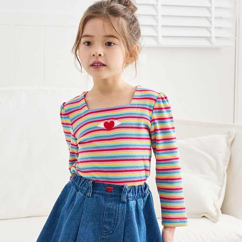 Girl'S Fashion Square Collar Rainbow Stripe Embroidered Top