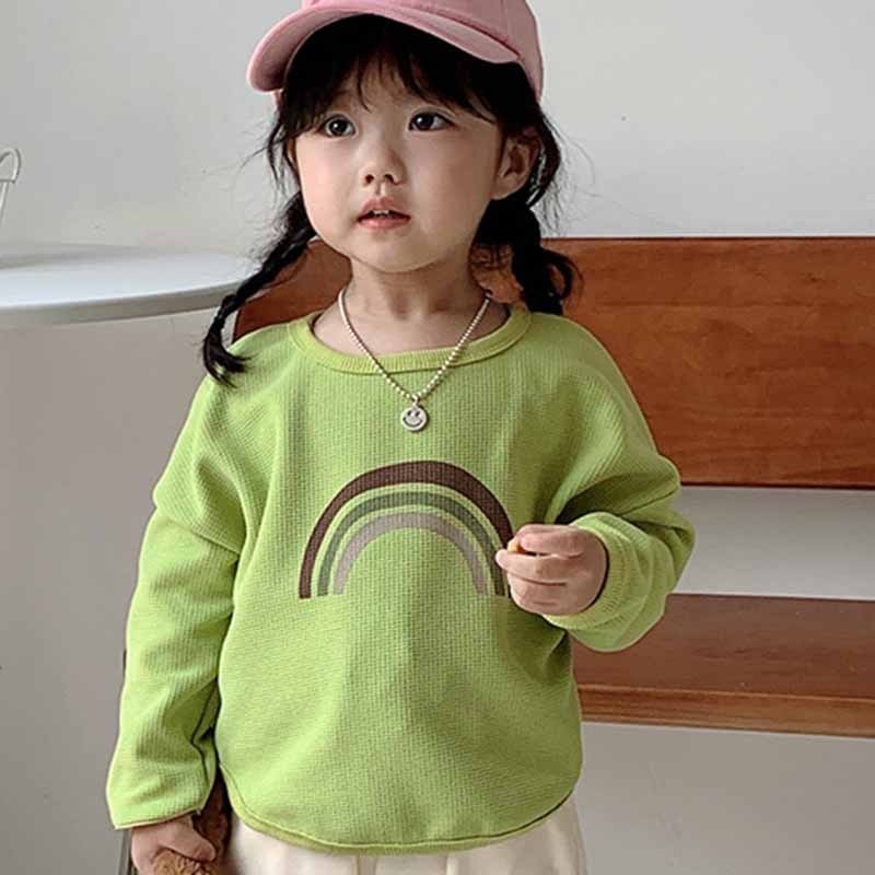 Kids Toddler Big Boys Girls Fashion Casual Cute Rainbow Waffle Long Sleeve Round Neck T-Shirt