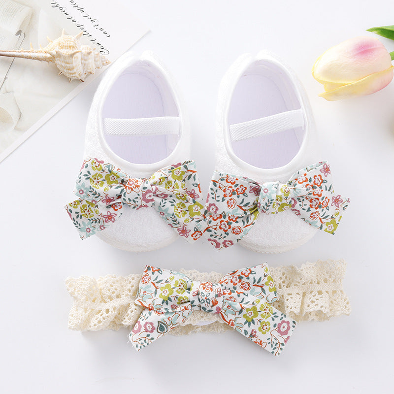 Toddlers Newborn Baby Girls Soft Bottom Non-Slip Bow Shoes And Headband