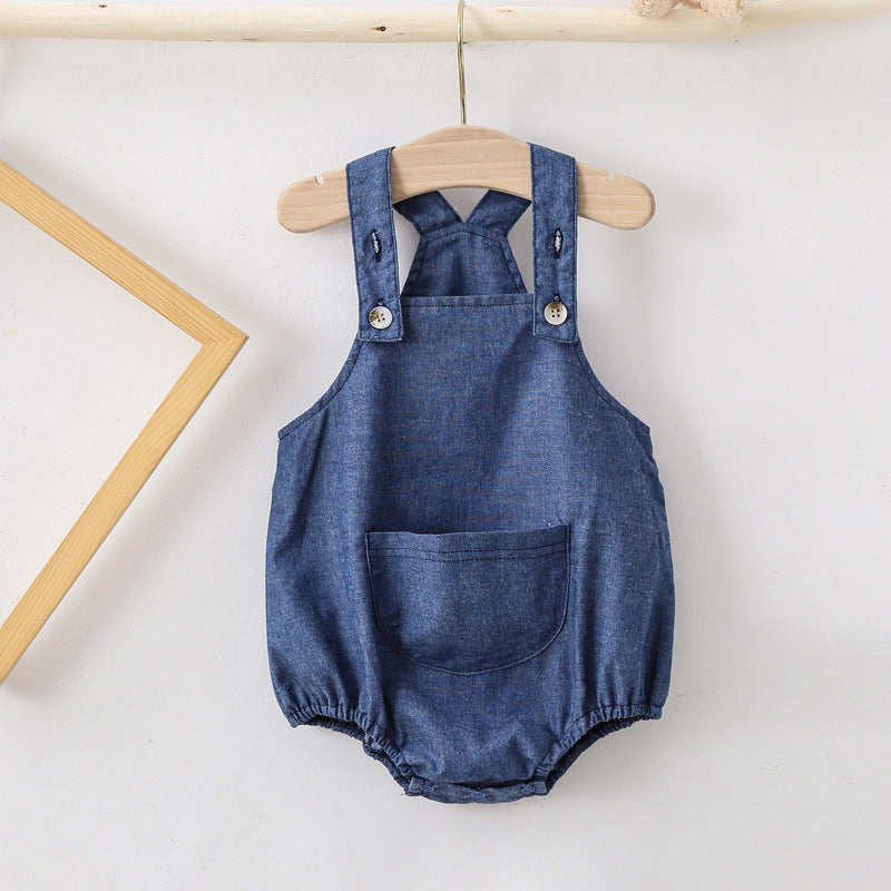 Unisex Babies Soft Denim Check Solid Color Suspenders Romper