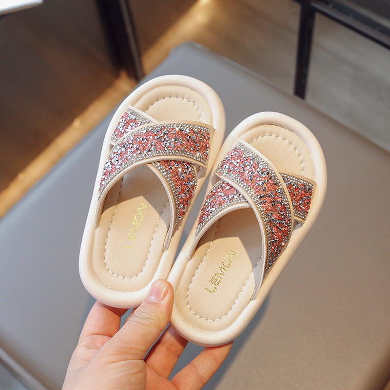 Kids Girls Casual Cute Rhinestone Flat Thick-Soled Slippers