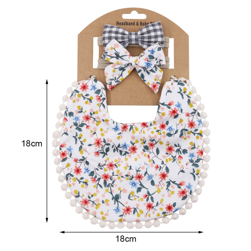 Baby Basic Floral Tassels Bib And Headband Accessories Set