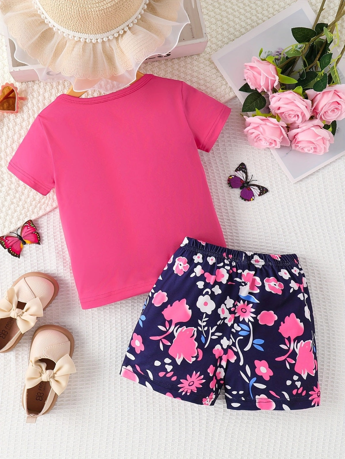 Kids Toddler Girls Casual Alphabet Tiny Flower Print Short Sleeve T-Shirt Shorts Sets