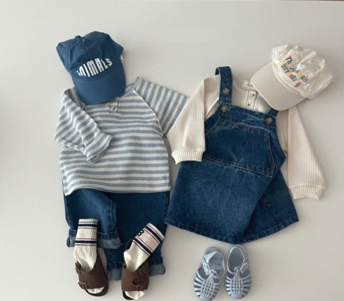 Kids Baby Boys Girls Casual Cute Stripe Polka Dot Waffle Long Sleeve Round Neck T-Shirt