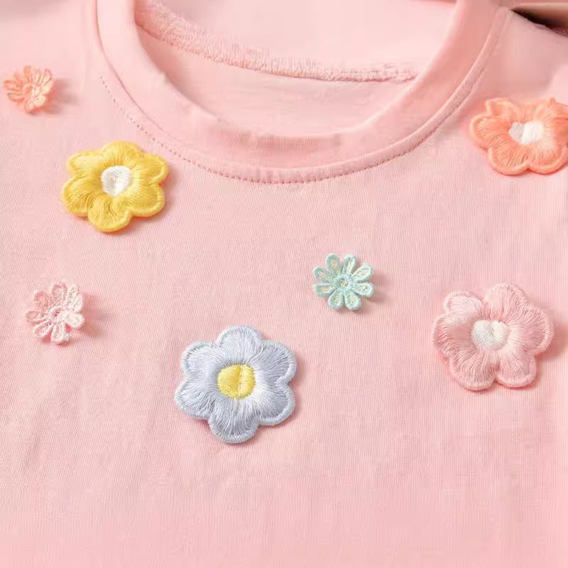 Kids Toddler Girls Casual Cute Flower Short Sleeve Round Neck T-Shirt